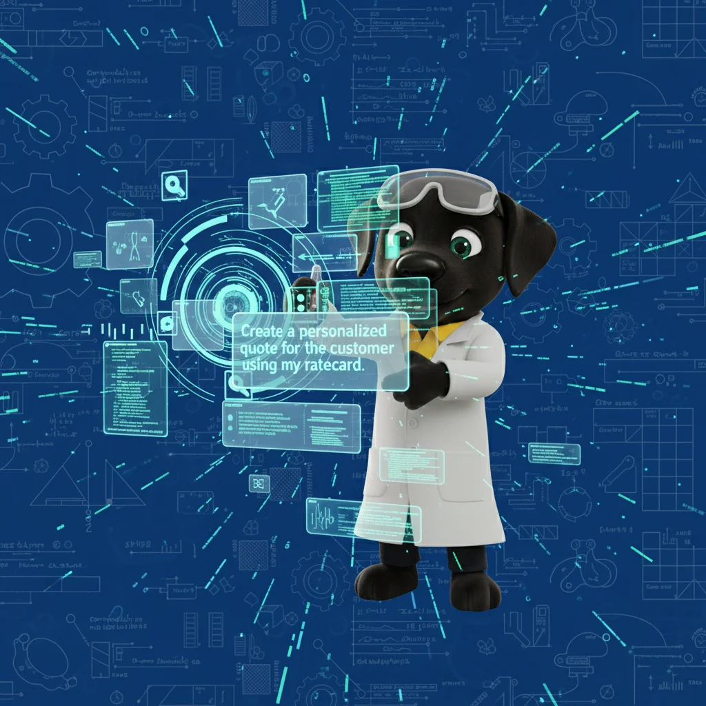Lucky the AI assistant in a lab coat creating a personalized customer quote using futuristic holographic screens.